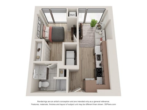 Floor plan for 1 bed, 1 bath, 507 sqft